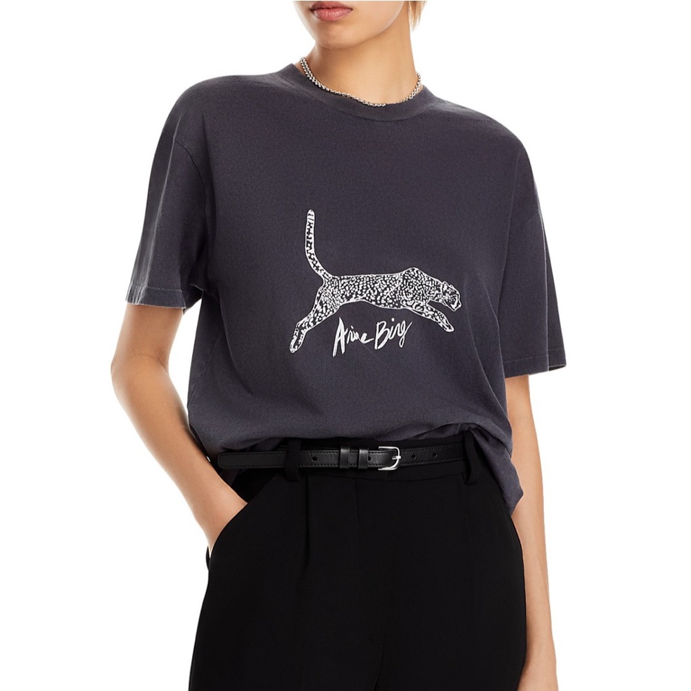 Anine Bing Charcoal Gray Short Sleeve Graphic Tee with White Leopard Motif